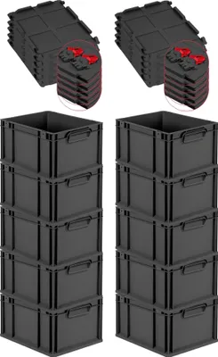 Produktbild von SuperSparSet 10x Eurobox NextGen Grip mit Scharnierdeckel und roten Schiebeschnappverschlüssen | HxBxT 22x30x40cm | 20 Liter | Schwarz | Griffe geschlossen | Eurobehälter, Transportbox, Transportbehälter, Stapelbehälter