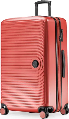A studio shot of a red suitcase.