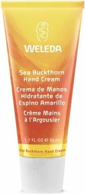 A tube of Weleda Sea Buckthorn Hand Cream against a white background.