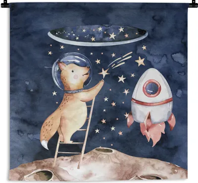 Produktbild von MuchoWow® Wandteppich Wandbehang Rakete - Weltraum - Fuchs - Jungen - Mädchen - Kinder 150x150 cm Tapisserie Dekoration Wandtuch - Wohnaccessoires - Modernes