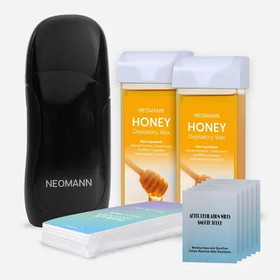 Obrázek produktu pro NEOMANN Wax n’ Roll Sada pro depilaci voskem s medem – Elektrický ohřívač vosku s 2 náplněmi s medem, 50 voskových proužků a 6 pleťových ubrousků – Černá barva