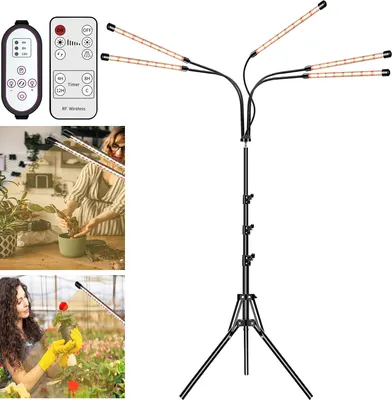 Image de Lampe de culture LED à spectre complet, 245 LED, intensité réglable, minuterie, lampe sur pied pour plantes d'intérieur, 5 têtes, avec prise USB et télécommande, 3 modes