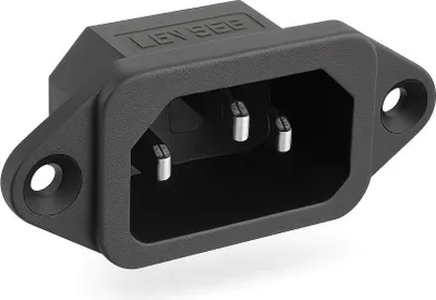 A black power inlet socket with three pins and mounting flanges.