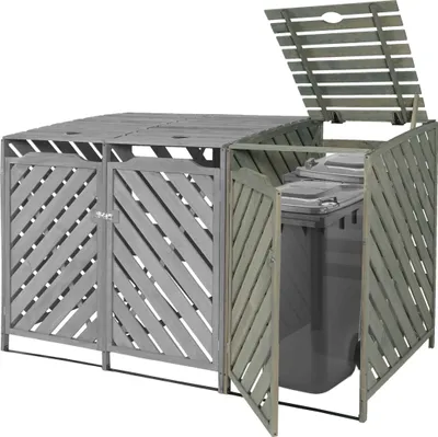 A wooden trash bin enclosure with two compartments, one of which is open to reveal a trash bin inside.
