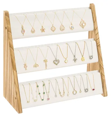 Produktbild von Schmuckständer Kettenständer Kettenhalter - 72 Ketten - Weiß Samt und Holz - 3 Ebenen
