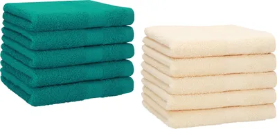 Produktbild von Betz 10 Stück Gästetücher 30x50 cm PREMIUM 100% Baumwolle Set  Farbe: smaragdgrün und beige