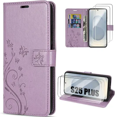 Image de Coque + 2 Verres Trempés pour Samsung Galaxy S25 Plus (S25+) Protection Rabat Effet Cuir Violet Motif Floral Papillon
