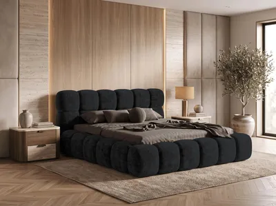 Image de Lit tapissier BESILIO 160x200 cm, modèle Tokyo, en tissu chenille - Lit avec tiroir de rangement et sommier à lattes - Noir