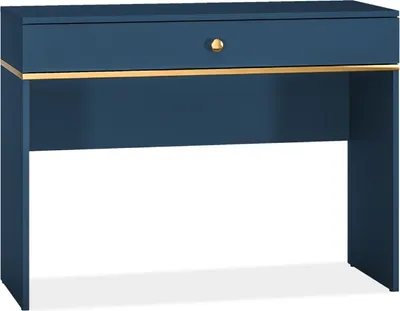 A blue desk with a gold accent and a single drawer.