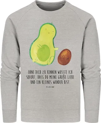 Produktbild von Mr. & Mrs. Panda Organic Sweatshirt Avocado Kern rollt Größe S - Heather Grey - Geschenk, Liebe, Pullover, Geburtstag, Love, Pulli, Baumwoll, Nachhaltiger, Baby, Sweater