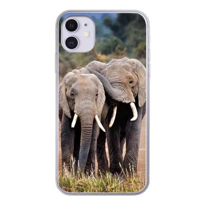A clear product shot of an iPhone 11 case featuring a printed image of two elephants.