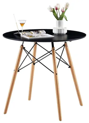 Productafbeelding van Ronde Scandinavische eettafel, 80x80x74 cm, zwart MDF met ijzeren frame