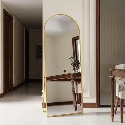 Produktbild von Bogen Ganzkörperspiegel, 162 x 53 cm Wandspiegel Standspiegel mit Aluminiumrahmen, zum Aufhängen oder Anlehnen, Bodenspiegel für Schlafzimmer, Wohnzimmer, Gold