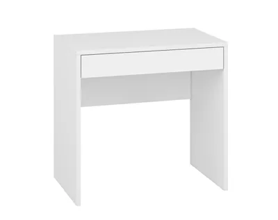 A white desk with a single drawer against a white background.