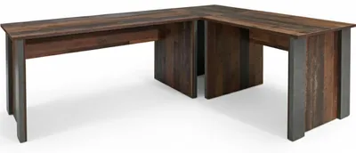 Eckschreibtisch CLIF in Old Wood Vintage und Betonoptik von vorne, L-förmige Anordnung mit zentralem Staufach.