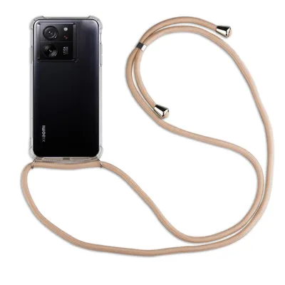 A smartphone with a clear case and a beige lanyard is displayed against a white background.