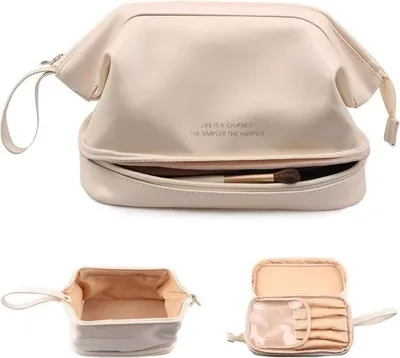 Produktbild von Weiße Damen-Kulturtasche aus Leder – Großes Fassungsvermögen – Für Reisen und Make-up