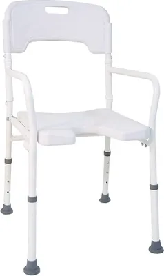 A white shower chair with armrests and a backrest, shown from the front.