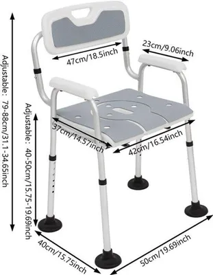 Produktbild von Duschstuhl für Senioren – Höhenverstellbar – Mit Armlehnen und Rückenlehne – Aus Aluminium – Grau