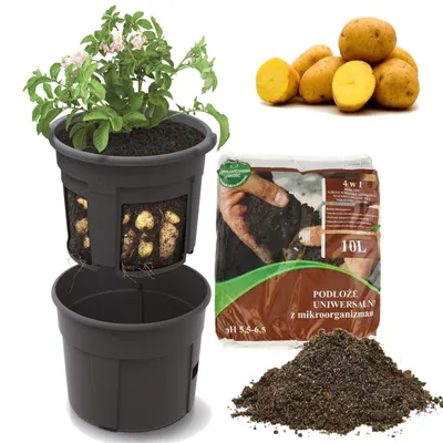 Obrázek produktu pro Sada květináč na brambory 12 l, květináč, vložka do květináče pro pěstování zeleniny + univerzální zemina 10 l 4 v 1 s mikroorganismy pro zeleninu