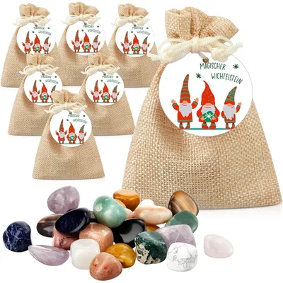 Productafbeelding van Geluksstenen voor kinderen, set van 12 stuks met jutezakjes en bedeltjes, natuurstenen van 2-3 cm