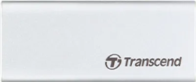 A close-up shot of a silver Transcend external SSD.