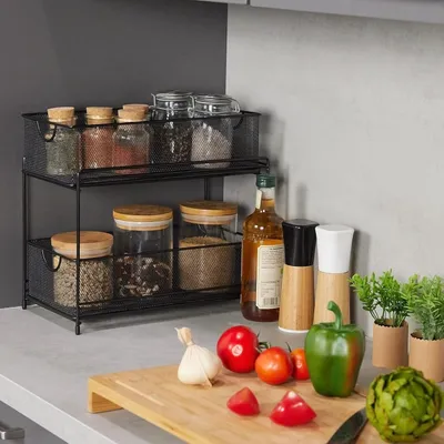 Zdjęcie produktu dla Organizer kuchenny - wysuwane kosze - czarny - metalowy - 32 x 19 x 35,5 cm