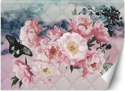 Produktbild von Vlies fototapete Pfingstrosen und Schmetterling auf gesteppter Pastelltextur 300x210 cm Feeby Rosa inkl. Kleber einfache Montage