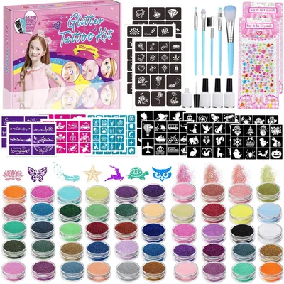 Immagine prodotto di Set per tatuaggi glitterati per bambini, 50 colori, 199 stencil, 230 strass, 5 pennelli