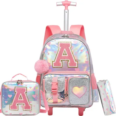 Produktbild von 3-in-1 Schulrucksack mit Rollen Mädchen Set Rosa A – Trolley mit Lunchtasche & Federmäppchen