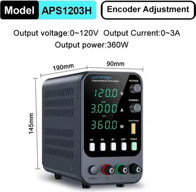 Zdjęcie produktu dla Zasilacz laboratoryjny DC - APS1203H, 120V, 3A - Regulowana napięcie i prąd - Funkcja zapamiętywania ustawień - Ochrona przed przeciążeniem (OCP) z alarmem - Moc wyjściowa: 201-300W
