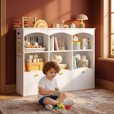 Produktbild von Kinderregal 103 cm Breite, Kinderzimmer Möbel Weiß | Kinderregal mit 3 Rollboxen, 6 offene Fächer, Spielzeug Aufbewahrung, für Kinderzimmer Wohnzimmer