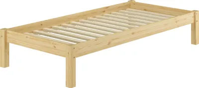 A wooden bed frame with a slatted base, shown from a diagonal angle against a white background.