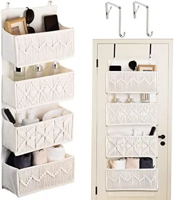 Produktbild von H?ngeorganizer mit 4 Taschen, Boho Deko Tš¹r Organizer H?ngend H?ngeaufbewahrung mit 2 Haken, Faltbares H?ngeregal fš¹r Schlafzimmer, Kinderzimmer, Bad
