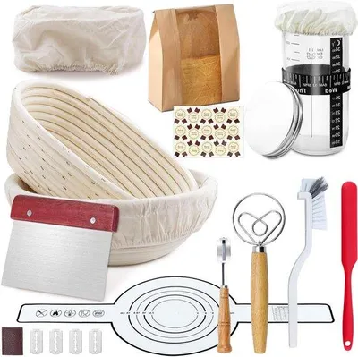 Zdjęcie produktu dla Zestaw do wypieku chleba na zakwasie - akcesoria do wypieku chleba - kompletny zestaw - 2 koszyki o wymiarach 25 cm - wykonane z naturalnych materiałów