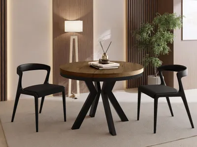 Produktbild von Runder Esstisch Ausziehbar 80-130 cm – Verlängerbar, für 4-6 Personen mit Schwarzen Holzbeinen & Metallring – Tisch für Wohnzimmer & Esszimmer in Eiche Braun Rustikal