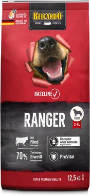 A bag of dog food with a dog's face peeking through a torn opening.