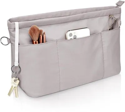 Zdjęcie produktu dla Ibenzoa® Organizer do torebki – wodoodporny nylonowy wkład, wiele przegródek, zamek błyskawiczny i uchwyt na klucze, kolor: szary