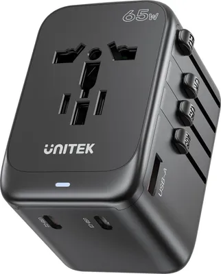 Image de Chargeur secteur - Adaptateur de voyage universel Unitek 65 W (P1122ABK01) | 1 port USB-A, 3 ports USB-C, 1 prise secteur