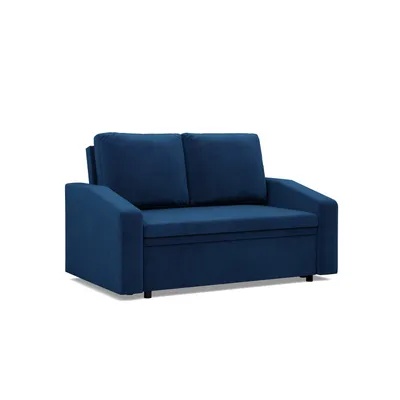 A dark blue sofa is shown against a white background.