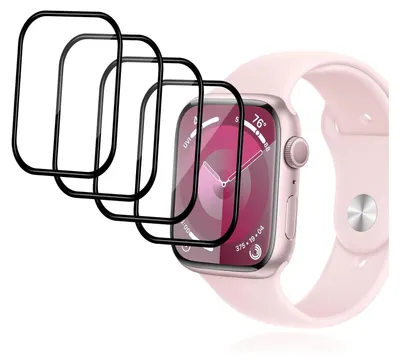 A pink Apple Watch with screen protectors in the foreground.