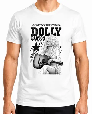 Immagine prodotto di Maglietta da uomo, bianca, taglia L, con motivo ispirato a Dolly Parton, leggenda della musica country, e con un'immagine di una chitarra western, nello stile folk di Nashville