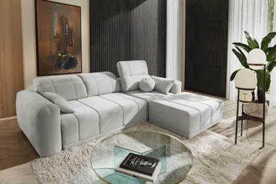 Produktbild von Moderne Eckcouch RAVELLO I Hellgrau – Sofa für Wohnzimmer, rechtsseitig, mit Schlaffunktion & Bettkasten