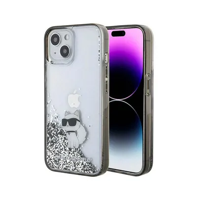 A Karl Lagerfeld iPhone case with glitter and a Choupette cat design, placed next to an iPhone.