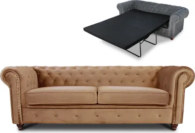 Produktbild von Schlafsofa Chesterfield Asti Bis 3-Sitzer, Sofa mit Schlaffunktion, Couch 3-er, Couchgarnitur, Sofagarnitur, Holzfüße - Glamour Design, Velours (Beige (Velvet 28))