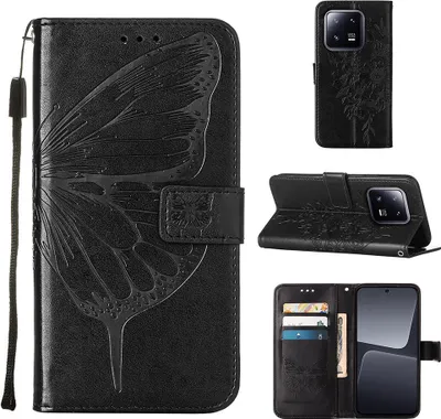 Produktbild von Lederhülle für Xiaomi 13 Pro Schmetterling Prägung Flip Ledertasche Kartenfächer Handyhülle mit Ständer Schwarz