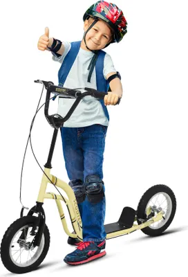 Produktbild von Kinderroller ab 5 Jahre Scooter Kinderscooter Tretroller Cityroller Kinder Roller Kickboard mit Luftreifen 12 Zoll Gummi Aluminium Beige 120 x 58 x 85-95 cm