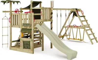 Image de FATMOOSE Tour d'escalade CrazyCoconut avec balançoire & toboggan, jeu de jardin avec SurfSwing, échelle & accessoires de jeu - vert sauge / vert olive