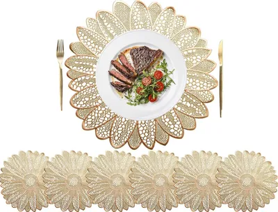 Immagine prodotto di 6 pezzi Tovagliette girasole, resistenti al calore, vinile pressato, tovagliette, antiscivolo, tovagliette rotonde per la decorazione della casa, accento di nozze, oro, 39CM, 6