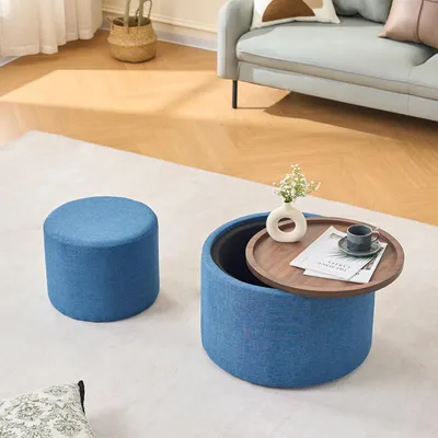 Produktbild von MODFU 2er-Set Couchtische Wohnzimmertisch mit herausnehmbarer Holzablage,Nest-Design,Beistelltisch mit verstecktem Stauraum,Sofatische & Bank,Blau